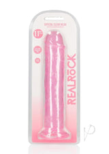RealRock Crystal Clear Straight No Balls Dildo 11 inch Pink in packaging showcasing its clear design and suction base.