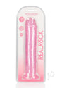 RealRock Crystal Clear Straight No Balls Dildo 11 inch Pink in packaging showcasing its clear design and suction base.