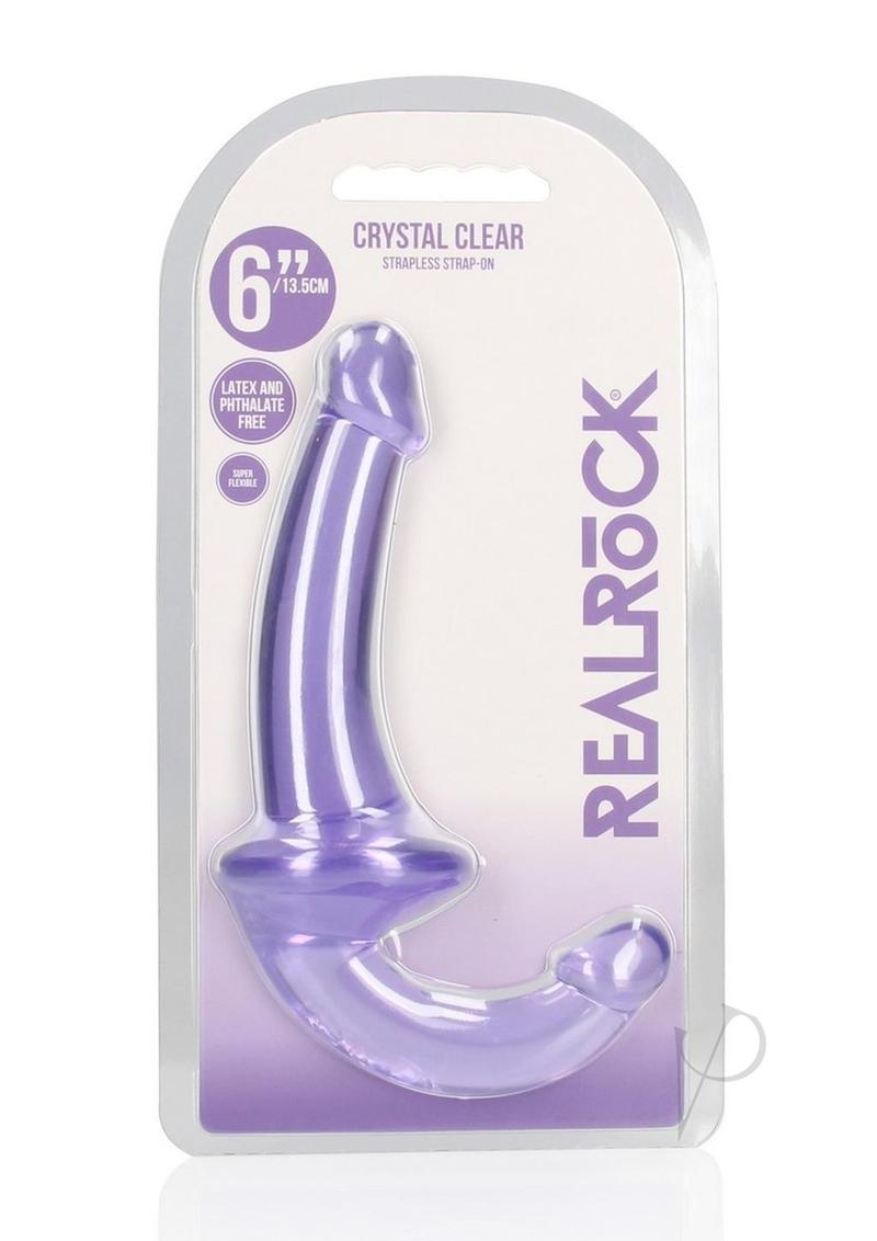 RealRock Crystal Clear Strapless Strap On 6 inch Purple packaging with clear design and curved shape for dual pleasure.