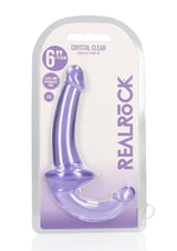 RealRock Crystal Clear Strapless Strap On 6 inch Purple packaging with clear design and curved shape for dual pleasure.