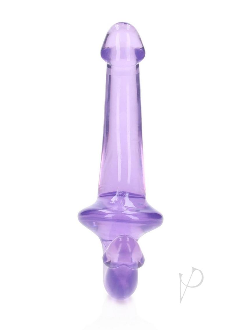 RealRock Crystal Clear Strapless Strap On 6 inch Purple, a see-through double dildo designed for shared pleasure.