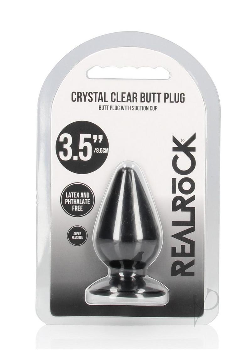 RealRock Crystal Clear 3.5 Inch Anal Plug Black packaging with suction cup, showcasing its design and features.