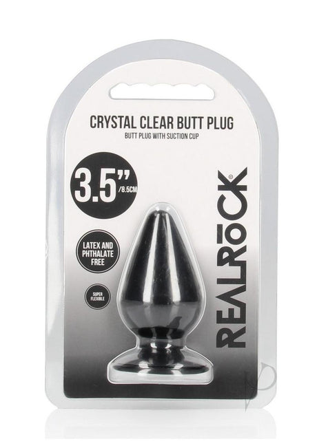 RealRock Crystal Clear 3.5 Inch Anal Plug Black packaging with suction cup, showcasing its design and features.