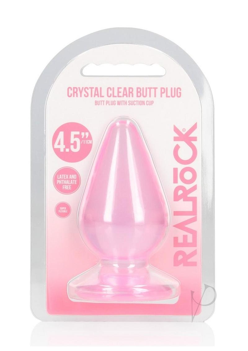 RealRock Crystal Clear Anal Plug 4.5 Inch Pink in packaging with suction cup design.