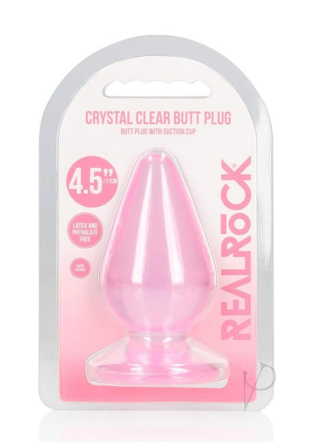 RealRock Crystal Clear Anal Plug 4.5 Inch Pink in packaging with suction cup design.