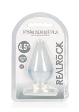 RealRock Crystal Clear Anal Plus 4.5in Clear butt plug packaging with suction cup, showcasing its transparent design.