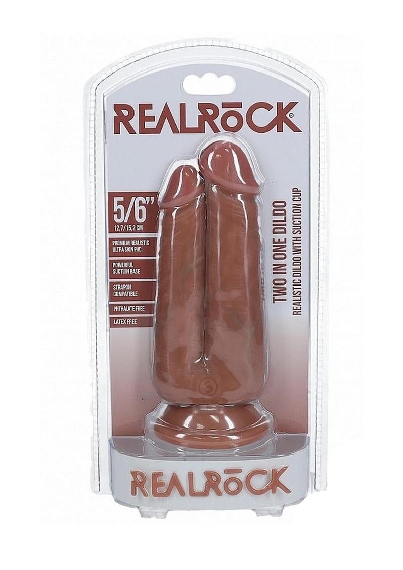 RealRock Realistic Dual Penetration Dildo Caramel packaging featuring a 5 inch and 6 inch dual shaft design.