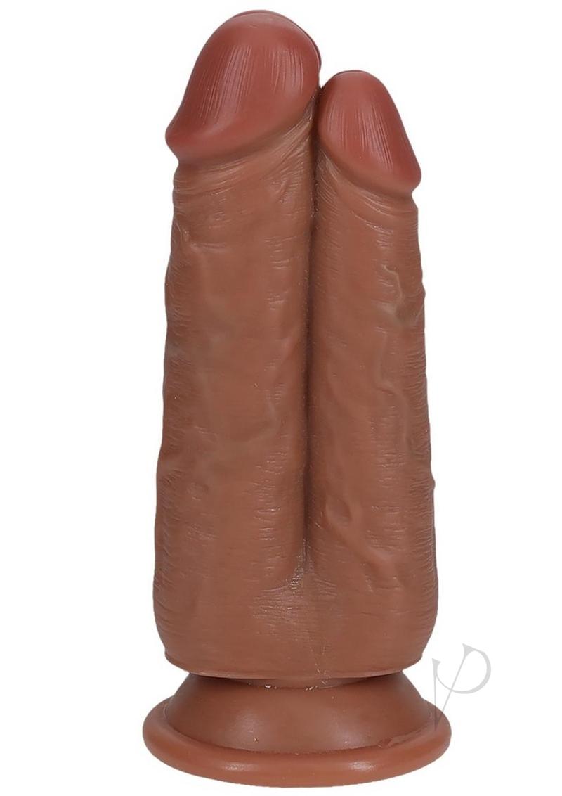 RealRock Realistic Dual Penetration Dildo Caramel with lifelike design and dual shafts for hands-free pleasure.