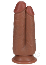 RealRock Realistic Dual Penetration Dildo Caramel with lifelike design and dual shafts for hands-free pleasure.