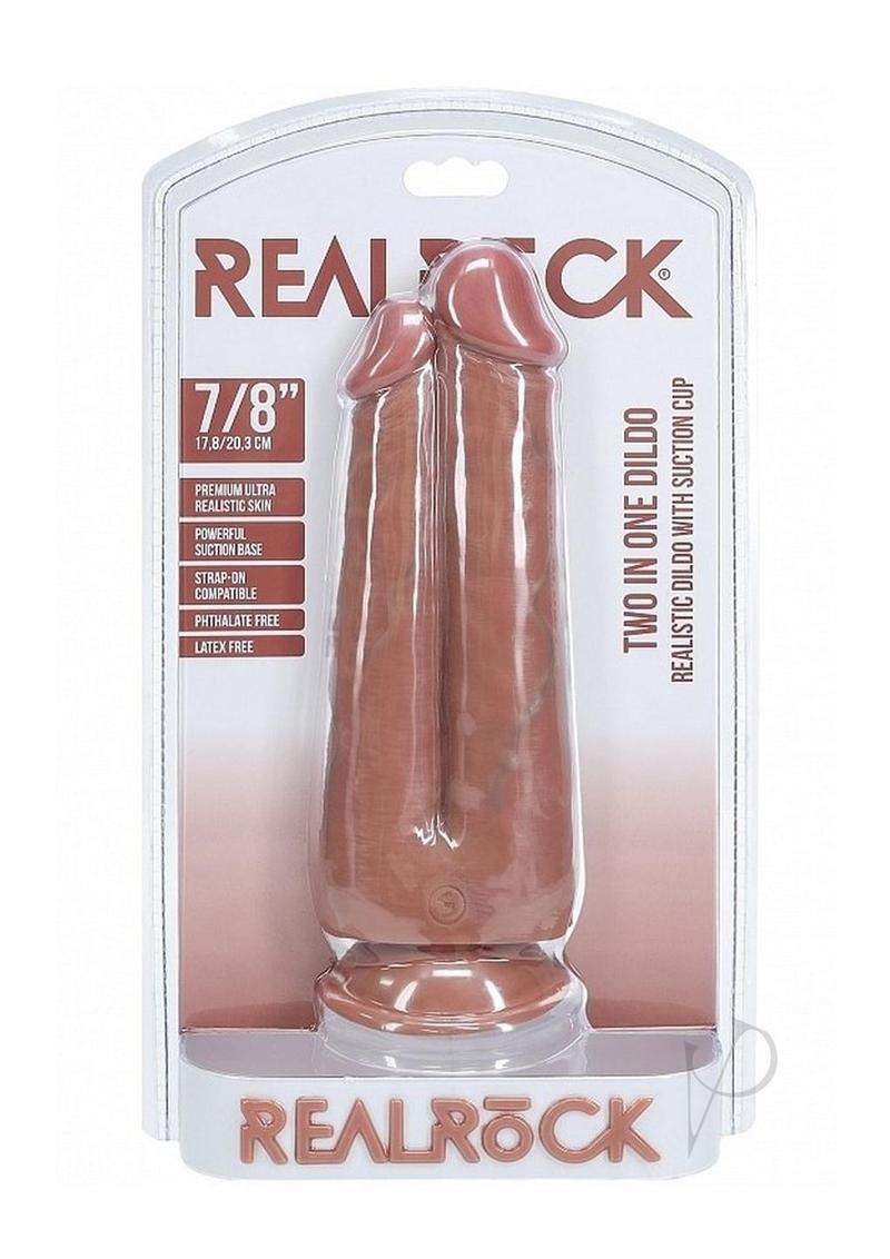 RealRock Realistic Dual Penetration Dildo 7in 8in Caramel in packaging with suction cup base.