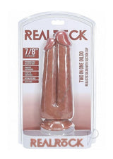 RealRock Realistic Dual Penetration Dildo 7in 8in Caramel in packaging with suction cup base.