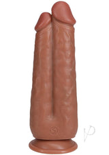 RealRock Realistic Dual Penetration Dildo 7in 8in Caramel displayed on a stand, featuring lifelike shafts.