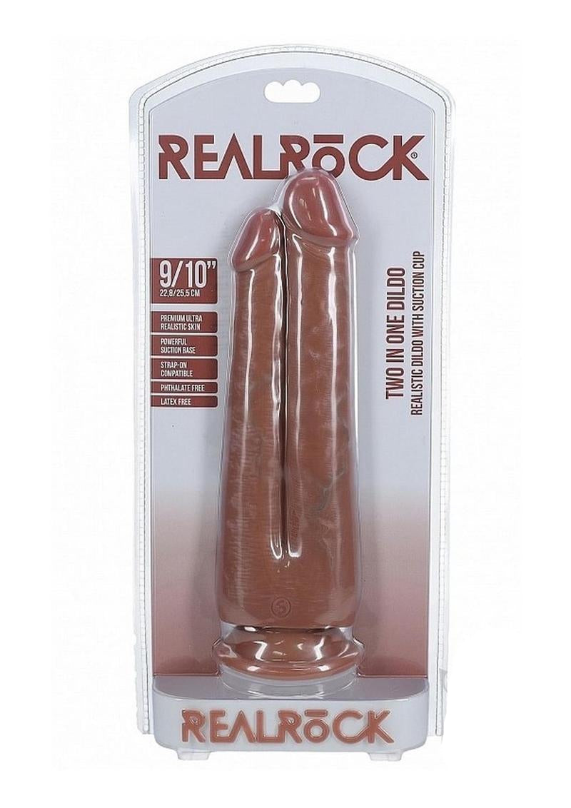 RealRock Ultra Realistic Dual Penetration 9in 10in Caramel packaged in clear display for immersive pleasure.