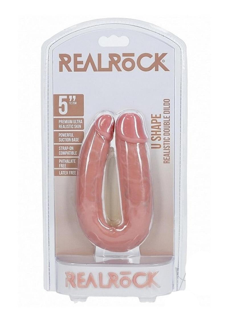 RealRock U Shaped Dual Penetration 5 Inch Dildo Vanilla in packaging with realistic design and suction base.