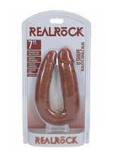 RealRock U Shaped Dual Penetration Dildo 7 Inch Caramel in packaging, showcasing its design and features.