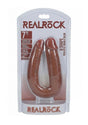 RealRock U Shaped Dual Penetration Dildo 7 Inch Caramel in packaging, showcasing its design and features.