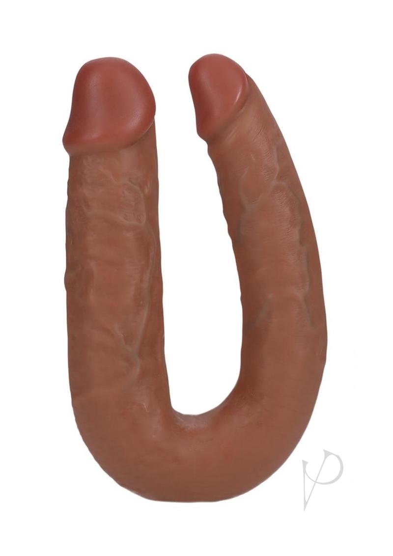 RealRock U Shaped Dual Penetration Dildo 7 Inch Caramel with realistic veins for enhanced stimulation.