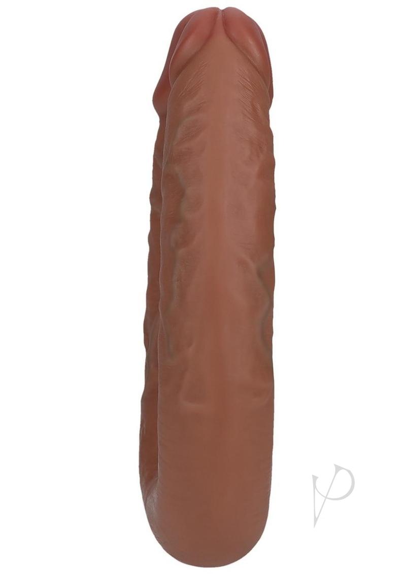 RealRock U Shaped Dual Penetration Dildo 7 Inch Caramel, detailed view showcasing realistic texture and design.