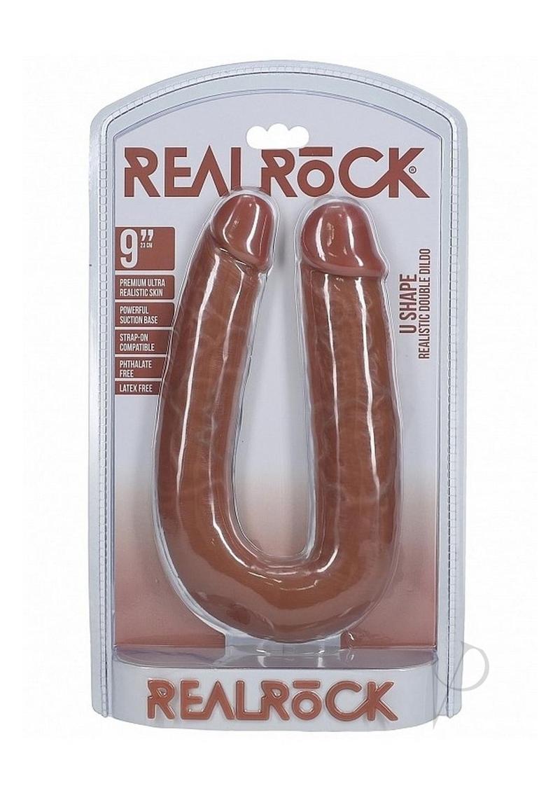 RealRock Realistic U Shaped Double Dildo 9 Inch Caramel in packaging, showcasing its lifelike design and dual-ended features.