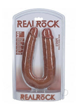 RealRock Realistic U Shaped Double Dildo 9 Inch Caramel in packaging, showcasing its lifelike design and dual-ended features.