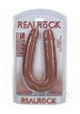 RealRock Realistic U Shaped Double Dildo 9 Inch Caramel in packaging, showcasing its lifelike design and dual-ended features.