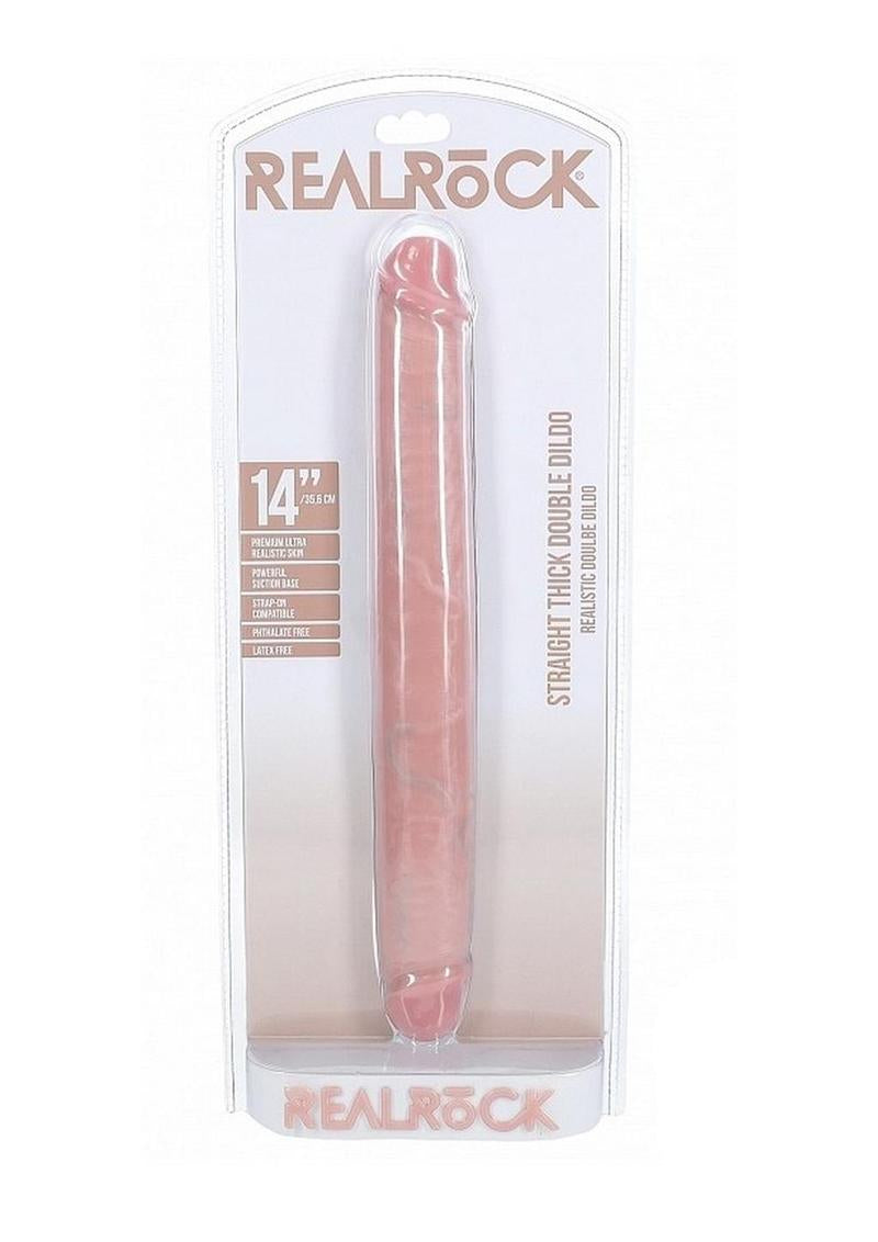 RealRock Realistic Thick Double Ended Dong 14 Inch Vanilla in packaging, showcasing lifelike design and dual-ended use.