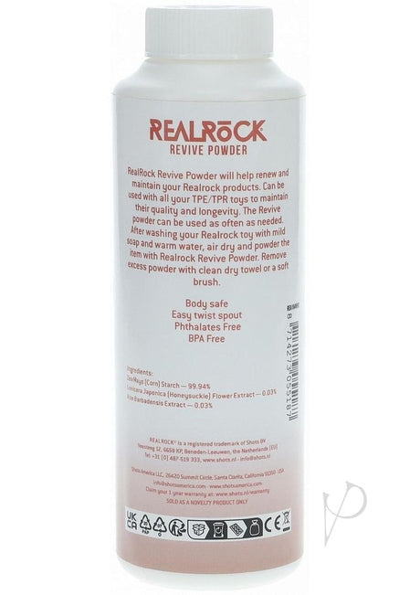 RealRock Revive Reviving Powder 4 oz bottle with maintenance instructions for TPE and TPR toys.