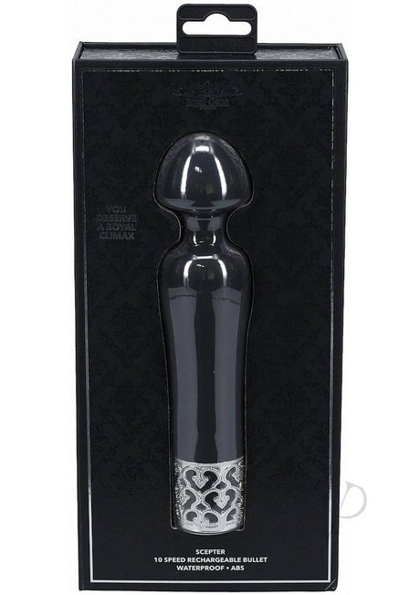 Royal Gems Scepter Silicone Rechargeable Wand Black in elegant packaging, showcasing its waterproof and rechargeable features.