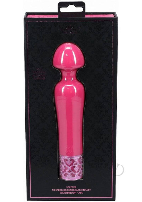 Royal Gems Scepter Silicone Rechargeable Wand Pink in elegant packaging showcasing its sleek design and features.
