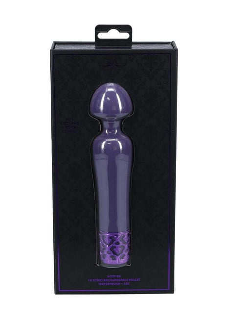 Royal Gems Scepter Silicone Rechargeable Wand Purple in elegant packaging, showcasing the luxurious design.