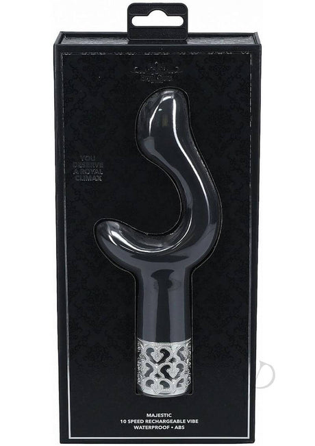 Royal Gems Majestic Rechargeable Silicone Vibrator Black in elegant packaging with a sleek design and curved tip.