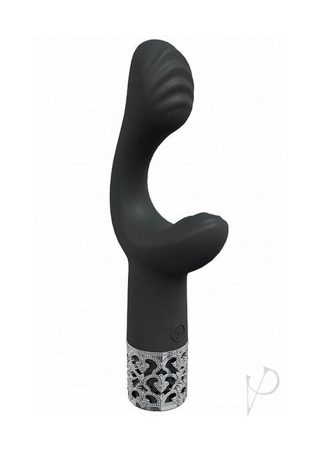Royal Gems Majestic Rechargeable Silicone Vibrator Black featuring a sleek design with a curved G-spot tip and luxurious finish.