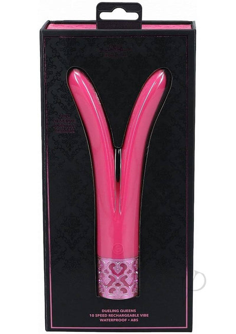 Royal Gems Dueling Queens Rechargeable Silicone Vibrator in packaging, showcasing its unique V-shape design and elegant pink finish.