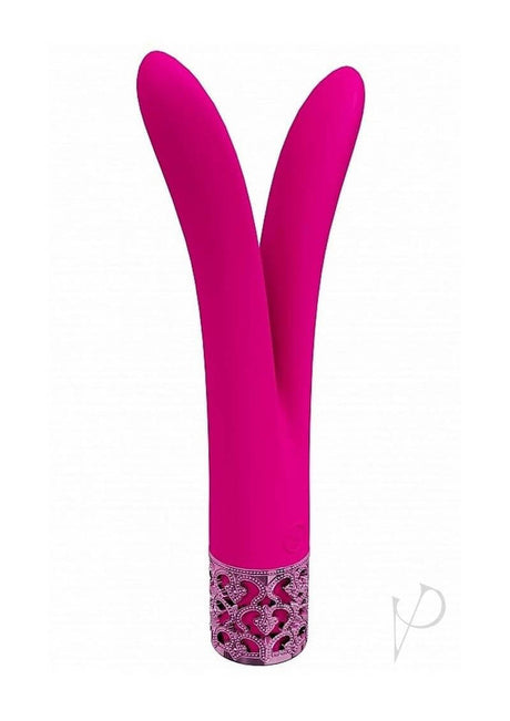 Royal Gems Dueling Queens Rechargeable Silicone Vibrator in vibrant pink with a decorative base.