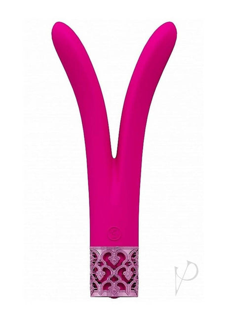 Royal Gems Dueling Queens Rechargeable Silicone Vibrator in vibrant pink with a unique V-shape design.