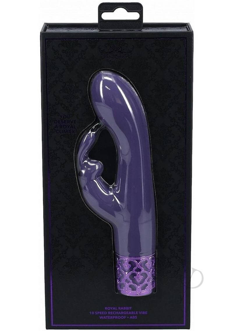 Royal Gems Royal Rabbit Silicone Rabbit Vibrator Purple in elegant packaging showcasing its stylish design and features.