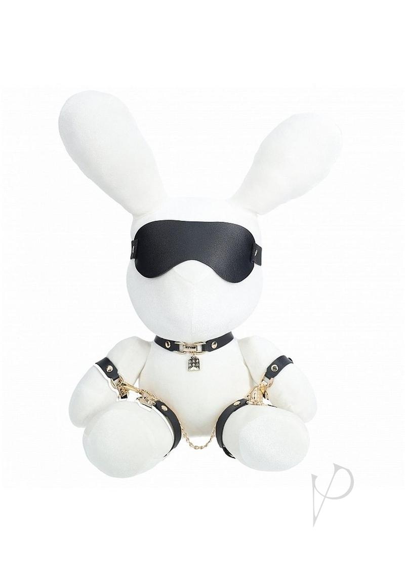 S-Line Rabbit Bondage Velvet Large White plush bunny with black restraint accessories.