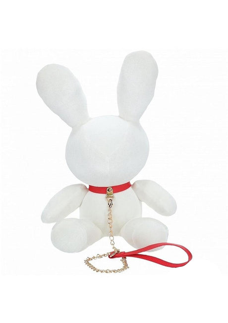S-Line Rabbit Bondage Velvet Small White plush bunny with a red collar and chain, playful bondage accessory for couples.