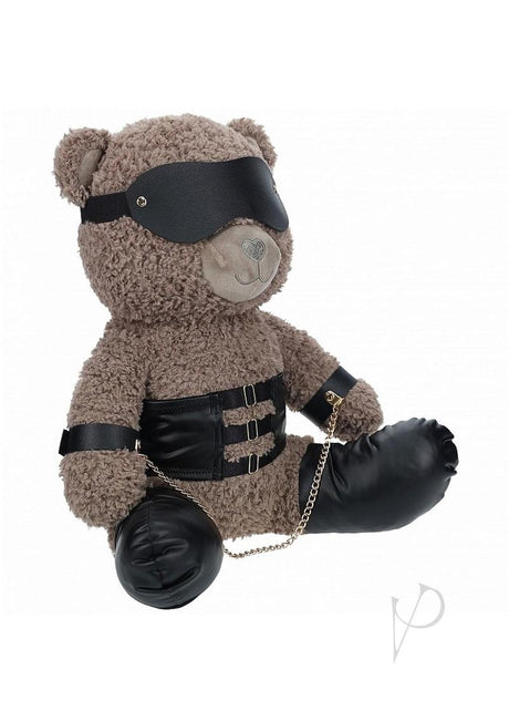 S-Line Bear Bondage Fuzzy Large Brown plush bear in bondage attire with blindfold and chains.