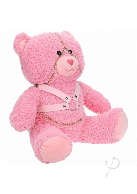 S-Line Bear Bondage Fuzzy Large Pink sitting toy with harness and chain, perfect for fun gifts and parties.