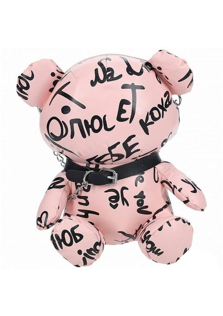S-Line Bear Bag Pleather Writing Pink featuring playful designs and a bold pink pleather finish, perfect for fun occasions.