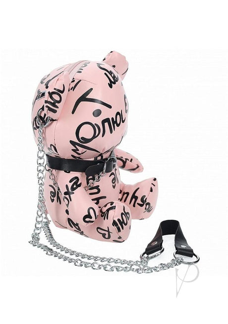 S-Line Bear Bag Pleather Writing Pink with playful design and chain strap, perfect for parties and fun gifting.
