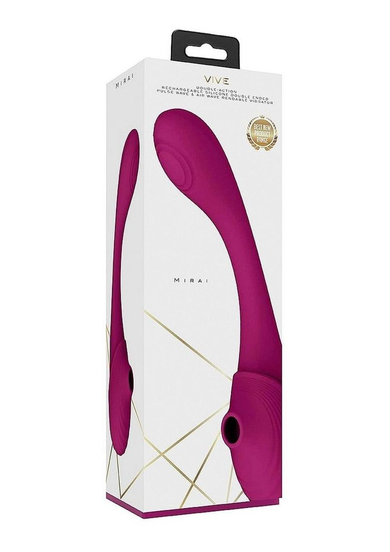 Vive MIRAI Dual Motor Bendable Air Wave Vibrator Pink packaging design with vibrant colors and sleek design.