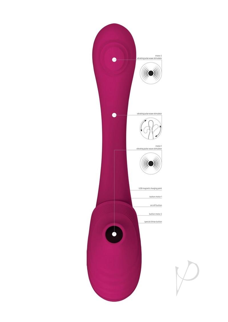 Vive MIRAI Dual Motor Bendable Air Wave Vibrator Pink showing its design and functionality features.