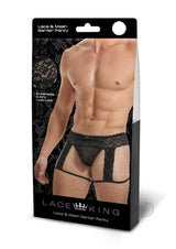 Lace King Men's Lace and Mesh Garter Panty Black packaging featuring a model showcasing the stylish design.