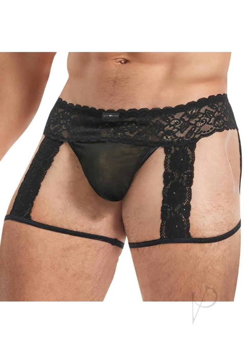 Lace King Men's Lace and Mesh Garter Panty Black featuring delicate lace and sheer mesh, designed for the modern man.