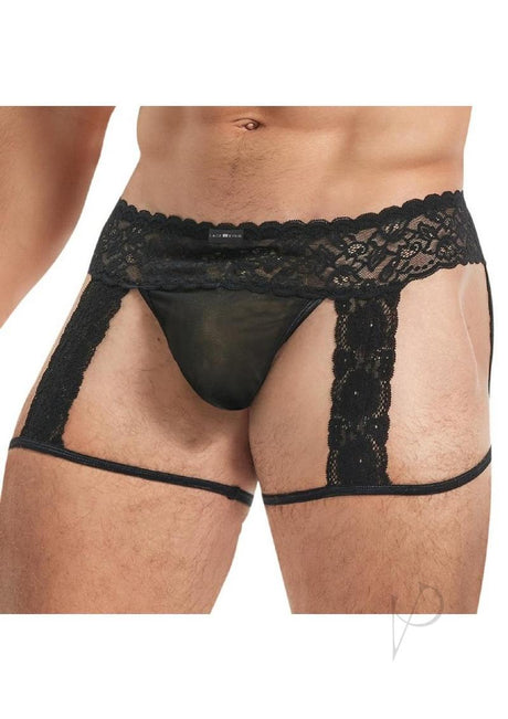 Lace King Men's Lace and Mesh Garter Panty M/L Black showcased on a model, featuring lace and mesh design.