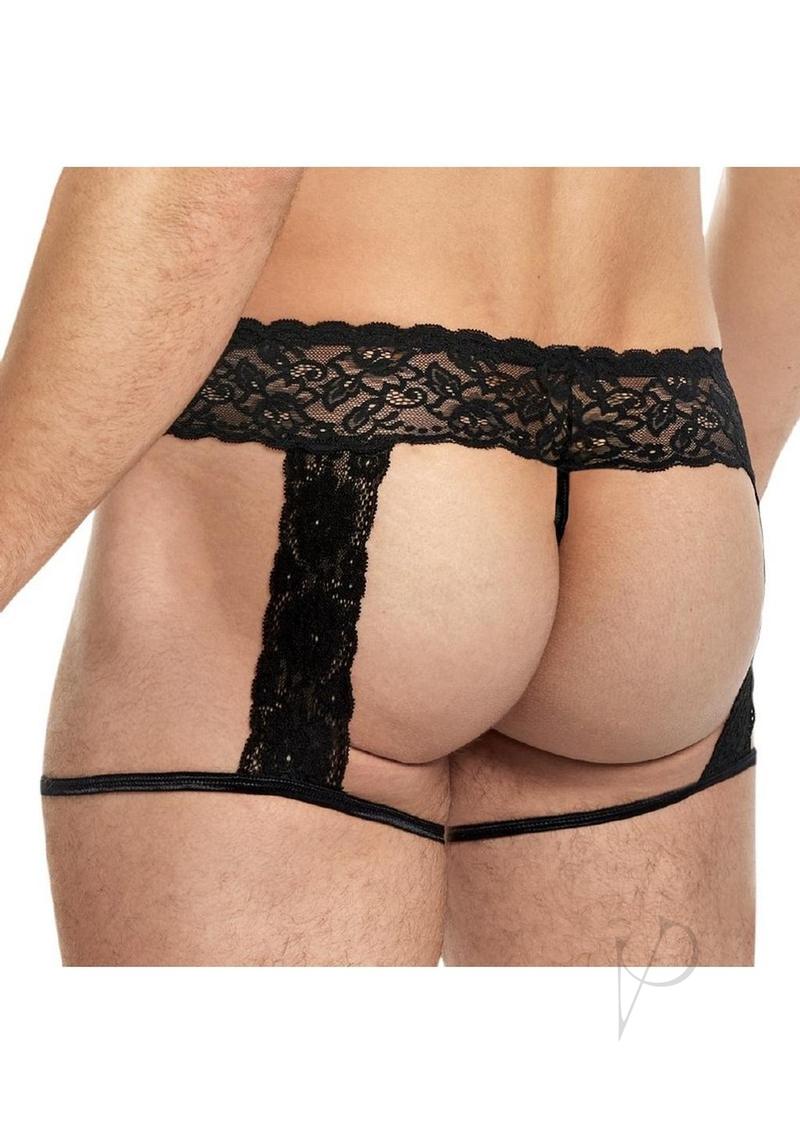 Lace King Men's Lace and Mesh Garter Panty M/L Black showcasing the back view and adjustable garter straps.