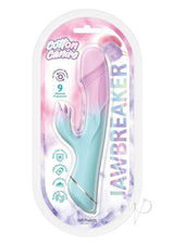 Cotton Candy Jawbreaker Silicone Rabbit Vibrator packaging showcasing dual-action stimulation features.