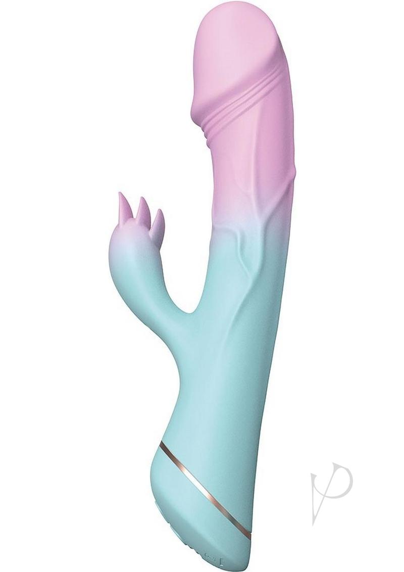 Cotton Candy Jawbreaker Silicone Rabbit Vibrator in pink and blue, designed for dual stimulation and pleasure.